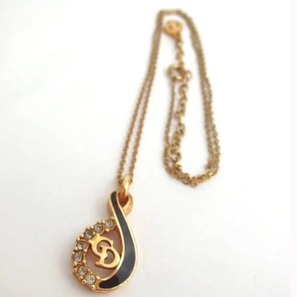 Christian Dior Gold & Black CD Rhinestone Pendant Necklace - Picture 1 of 7